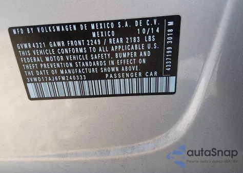 2015 Volkswagen Jetta 1.8T Se from USA, damaged, VIN 3VWD17AJ6FM240333